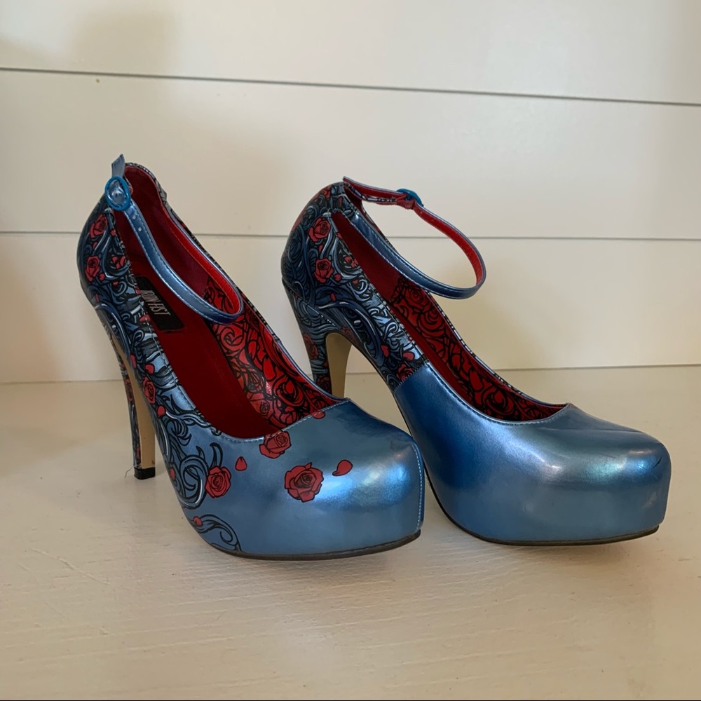 Iron Fist Blue Metallic and Red Rose Heels